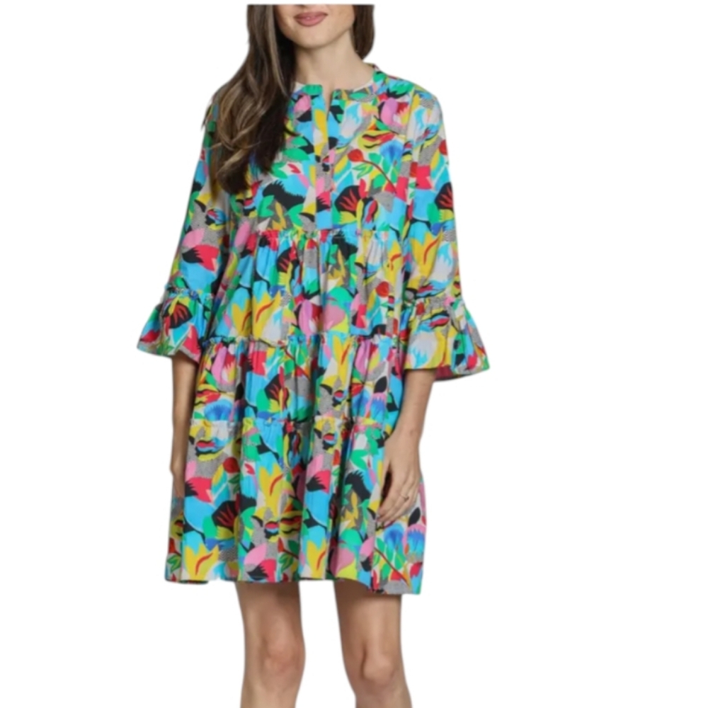 NEW ..APNY Mix Print Broght Blue Multi Tunic Dress....Size Large